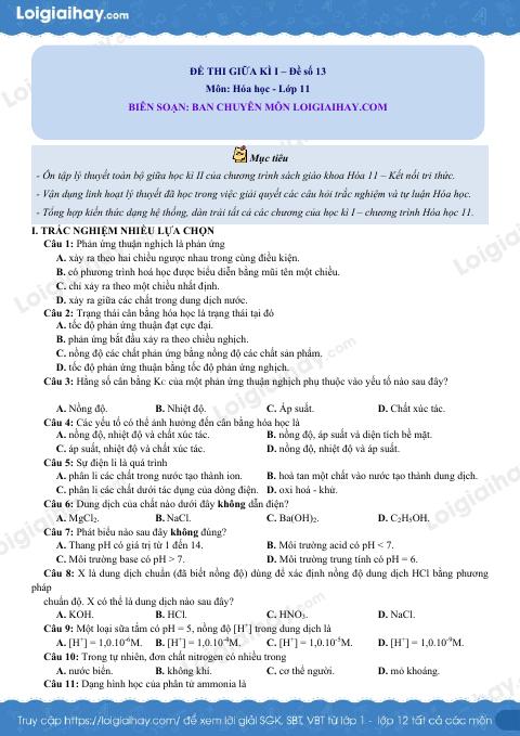 Đề thi giữa kì 1 Hóa 11 Chân trời sáng tạo - Đề số 13